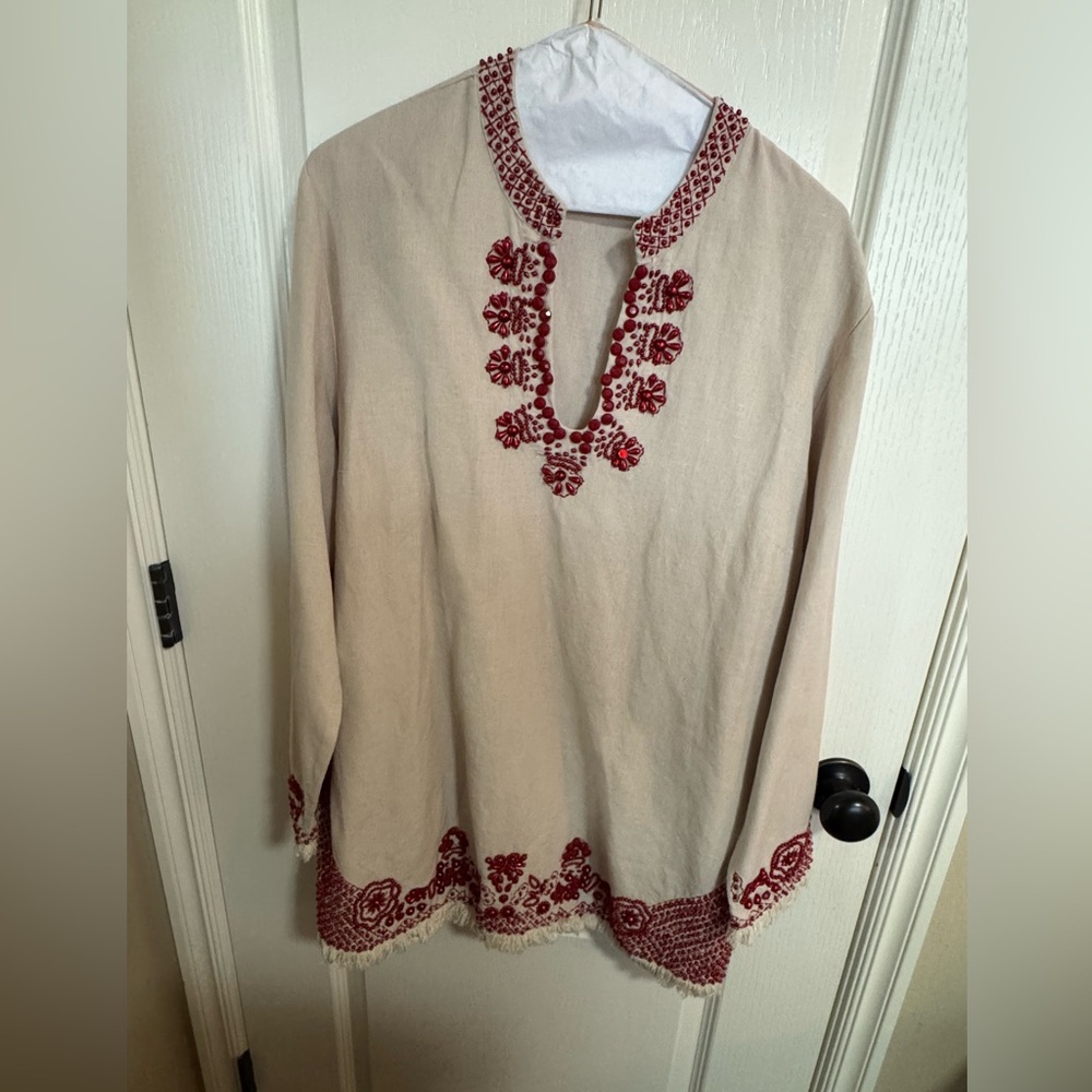Soft Surroundings Beige Red Beaded Blouse Boho Embellished Tunic Top